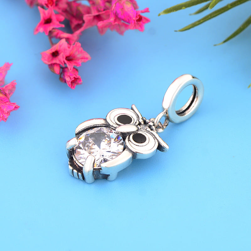 "Bright Vision" Owl Charm - 925 Silver Large Zirconia Pendant