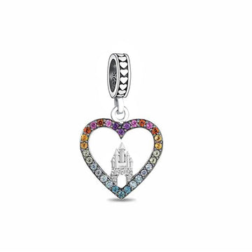 "Dream Keep" Castle Heart Dangle Charm - Rainbow CZ & 925 Sterling Silver
