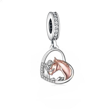 "Spirit Bond" Girl & Horse Heart Dangle Charm - Two-Tone 925 Silver