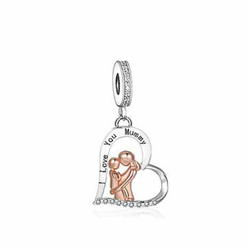 "Infinite Love" Mother & Child Hug Dangle Charm - Two-Tone Silver