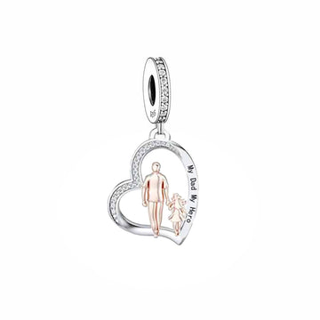 "First Hero" Father & Daughter Heart Dangle Charm - Two-Tone 925 Silver
