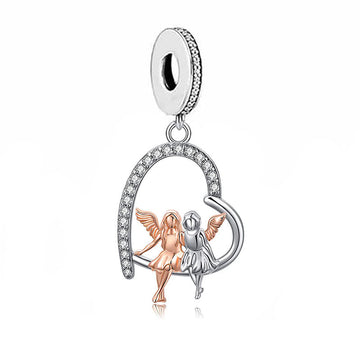 925 sterling silver color separation, heart-shaped and winged two sisters sitting together