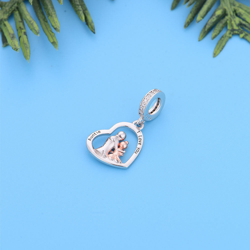 "Heartfelt Auntie" Hug Dangle Charm - Two-Tone Sisterhood 925 Silver