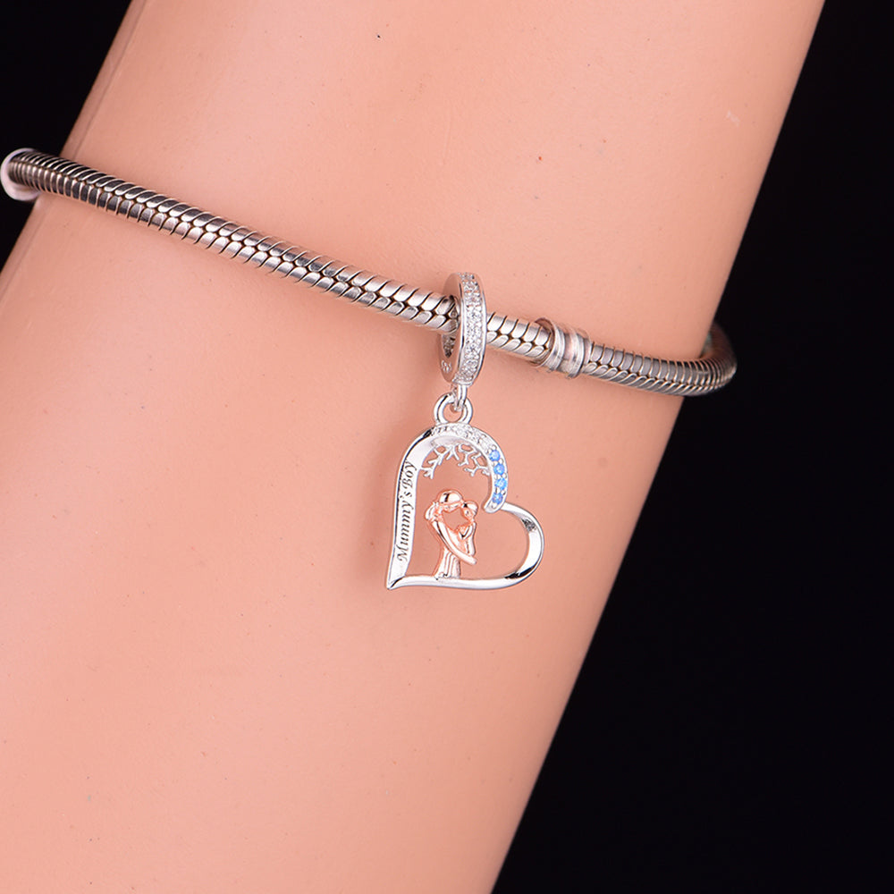 925 sterling silver color separated heart-shaped mother holding child and looking at child