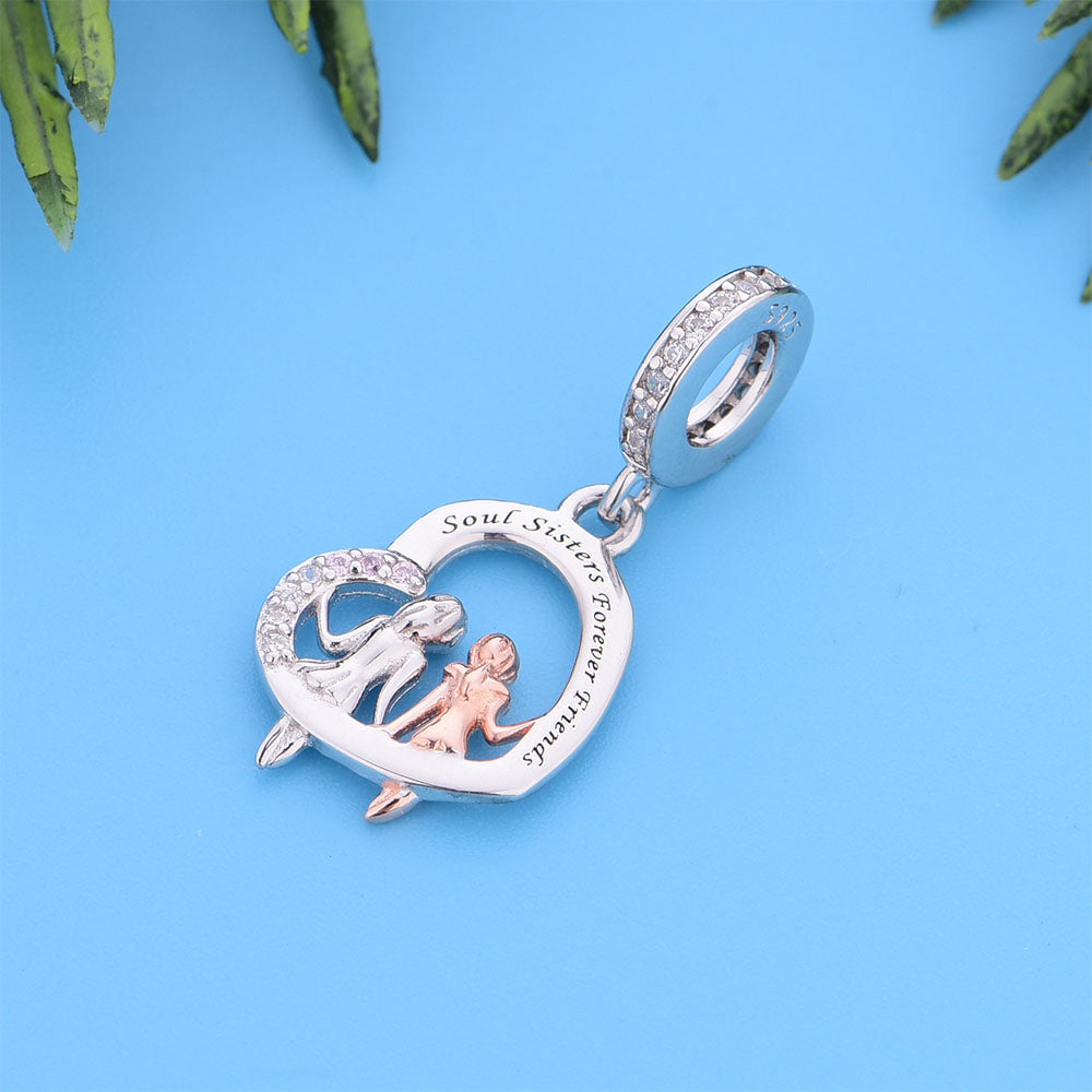 "Soul Sisters" Heart Dangle Charm - Two-Tone Rose Gold & Silver Gift