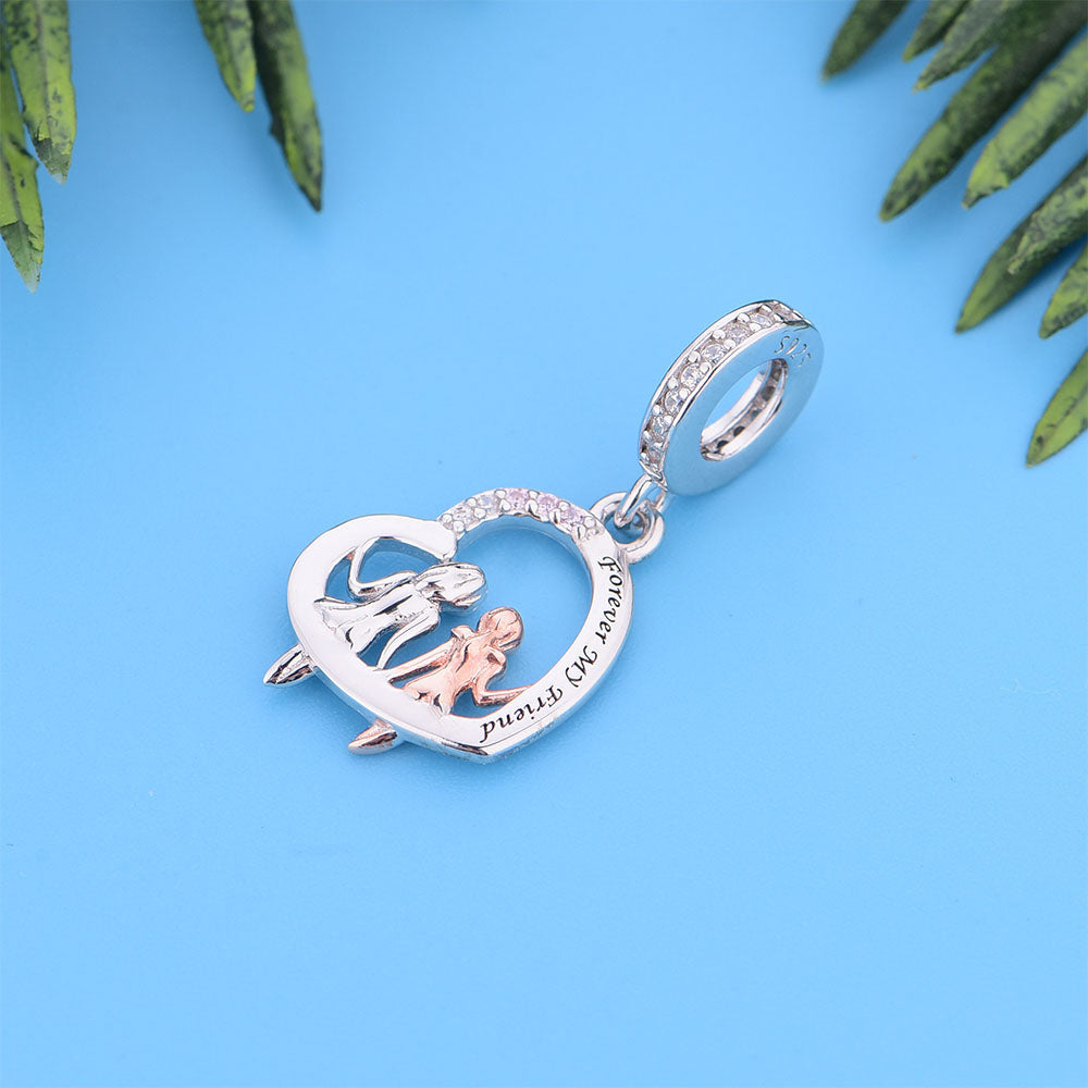 "Forever My Friend" Family Heart Dangle Charm - Two-Tone 925 Silver