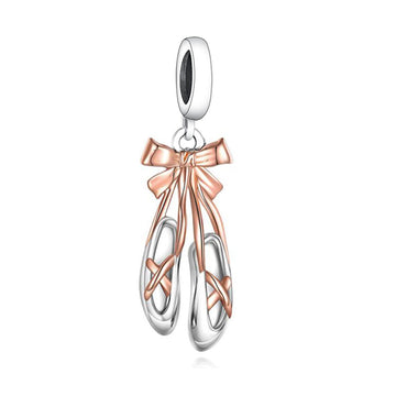 "Graceful Step" Ballet Slippers Charm - Rose Gold Bow 925 Silver