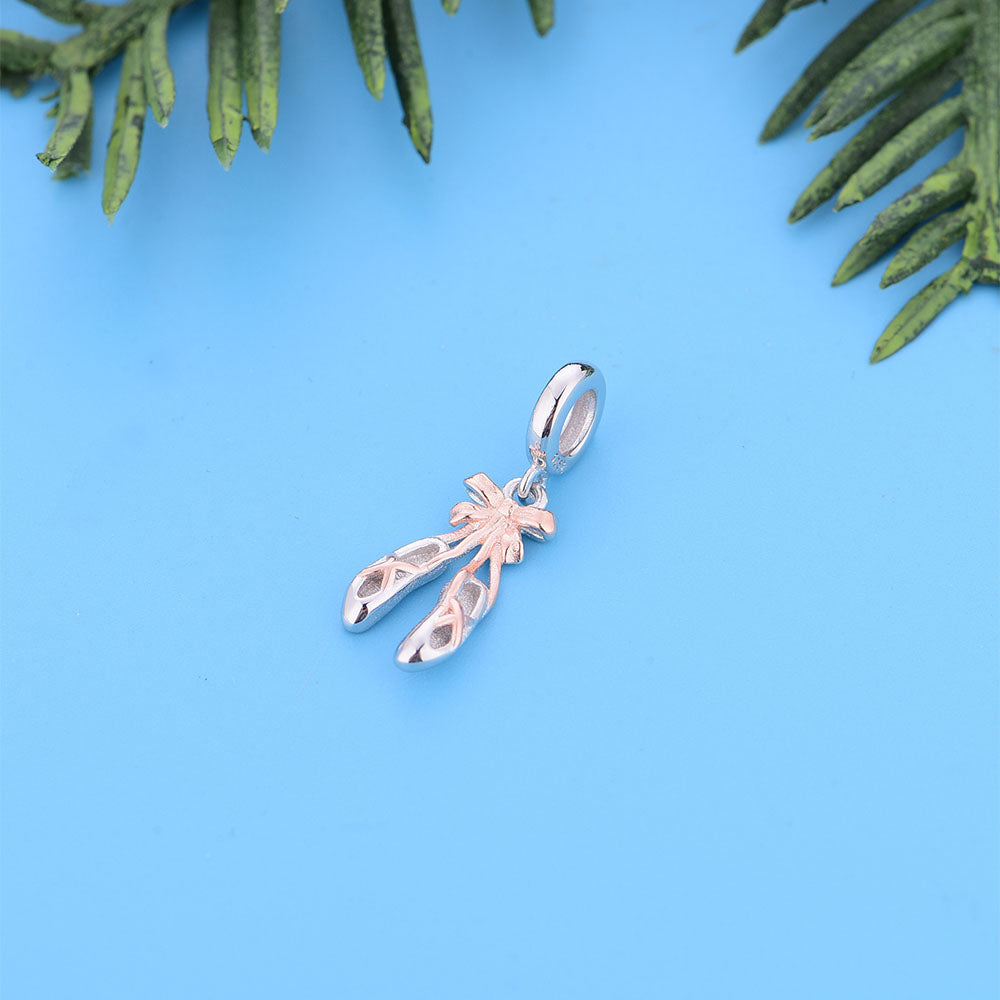 "Graceful Step" Ballet Slippers Charm - Rose Gold Bow 925 Silver