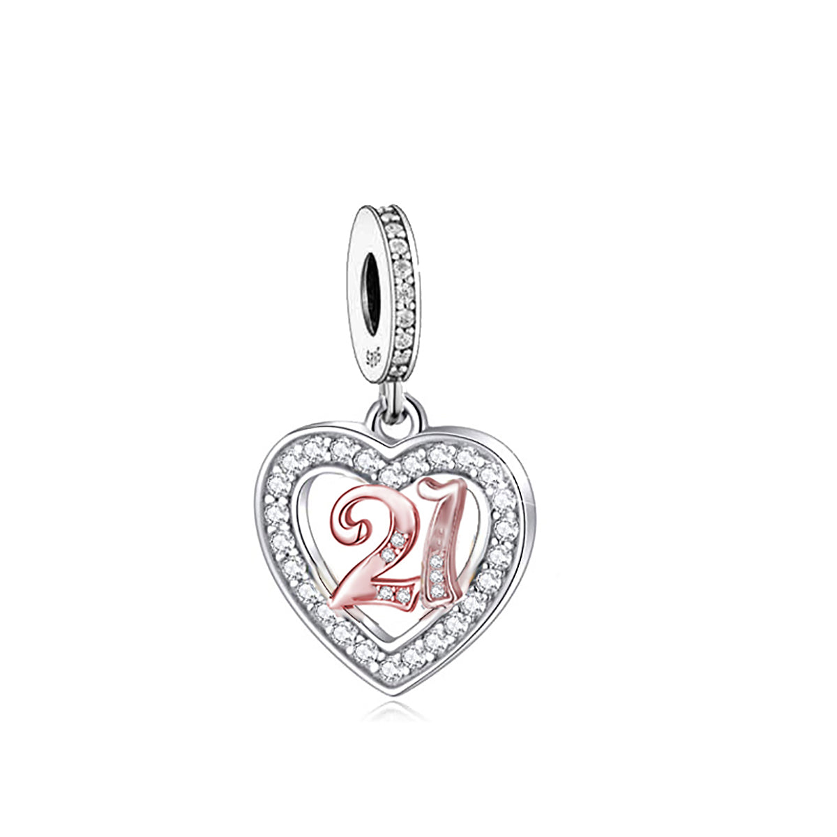 21th birthday milestone number heart charm in 925 Sterling Silver
