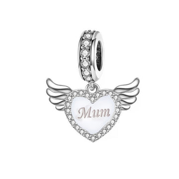 "Angel Mother" Guardian Wing Heart Charm - 925 Sterling Silver
