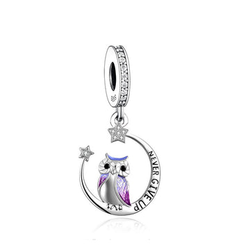 "Never Give Up" Owl Moon Charm - 925 Silver Purple Enamel Gift