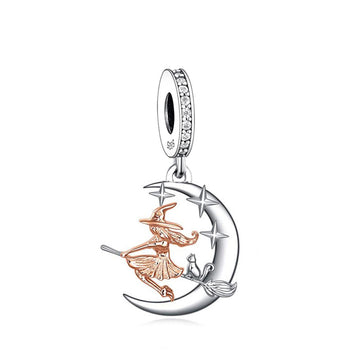 "Moonlight Magic" Witch & Cat Charm - Two-Tone Celestial Pendant