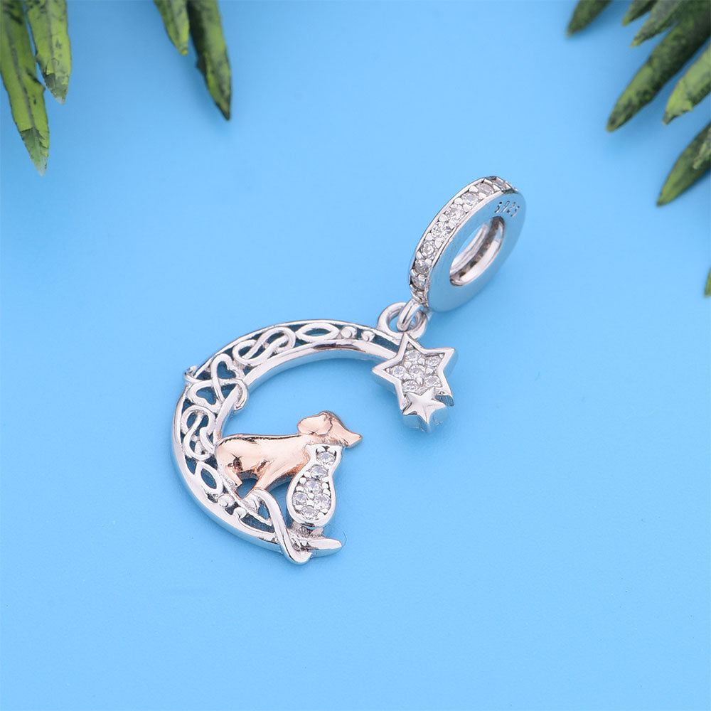 "Starlit Companions" Dog & Cat Moon Dangle Charm - Two-Tone 925 Silver
