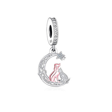 "Starlit Companions" Dog & Cat Moon Dangle Charm - Two-Tone 925 Silver