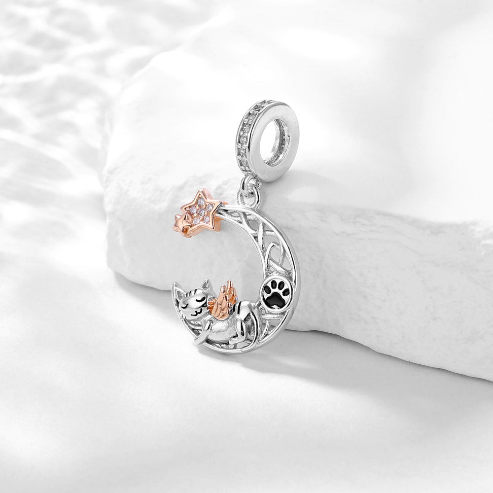 "Lunar Guardian" Angel Cat Dangle Charm - Rose Gold & 925 Silver