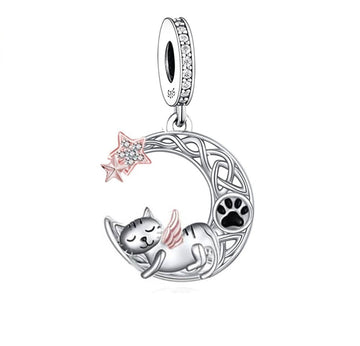 "Lunar Guardian" Angel Cat Dangle Charm - Rose Gold & 925 Silver