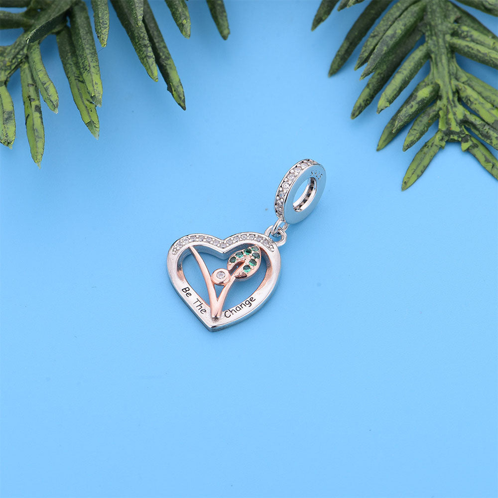 "Sprout of Change" Heart Dangle Charm - Rose Gold & Emerald Green CZ