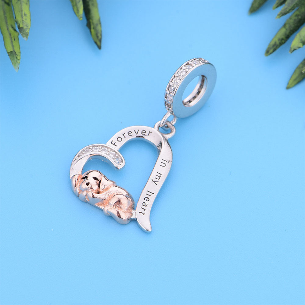 "Eternal Rest" Sleeping Puppy Heart Dangle Charm - Two-Tone Gold