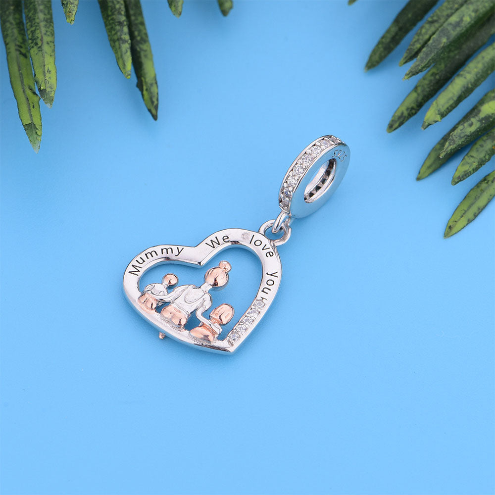 "Family Pulse" Mummy & Children Heart Charm - 925 Silver & Rose Gold