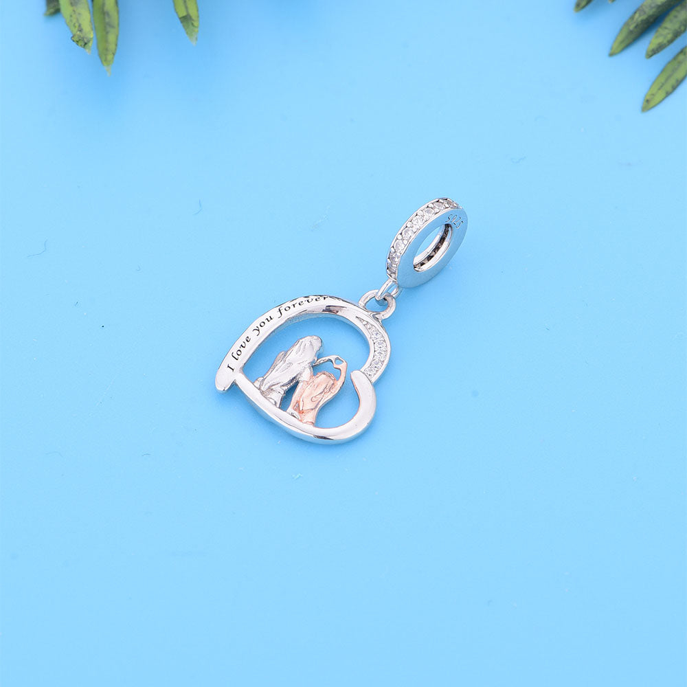 "Shared Heart" Mother & Daughter Dangle Charm - Two-Tone 925 Silver & CZ