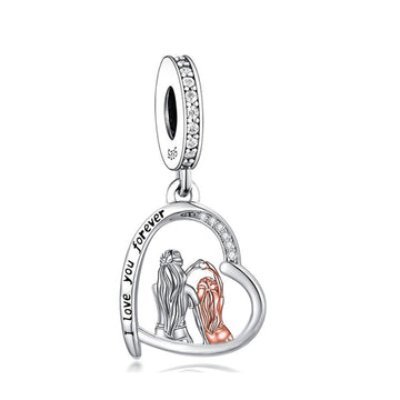 "Shared Heart" Mother & Daughter Dangle Charm - Two-Tone 925 Silver & CZ