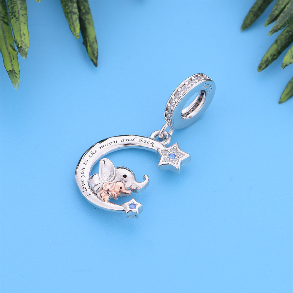 "To the Moon & Back" Elephant Mother & Child Moon Charm-925 Silver