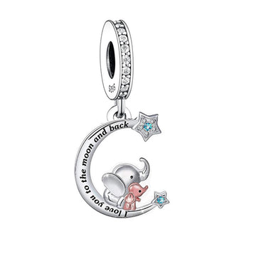 "To the Moon & Back" Elephant Mother & Child Moon Charm-925 Silver