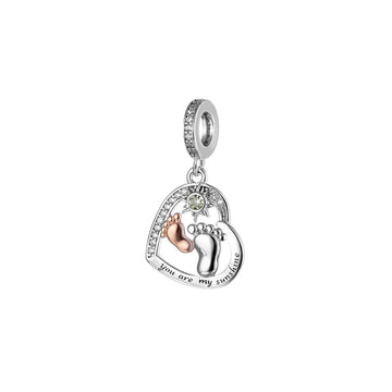 "Celestial Bond" Sun & Dual-Size Footprints Charm - 925 Silver