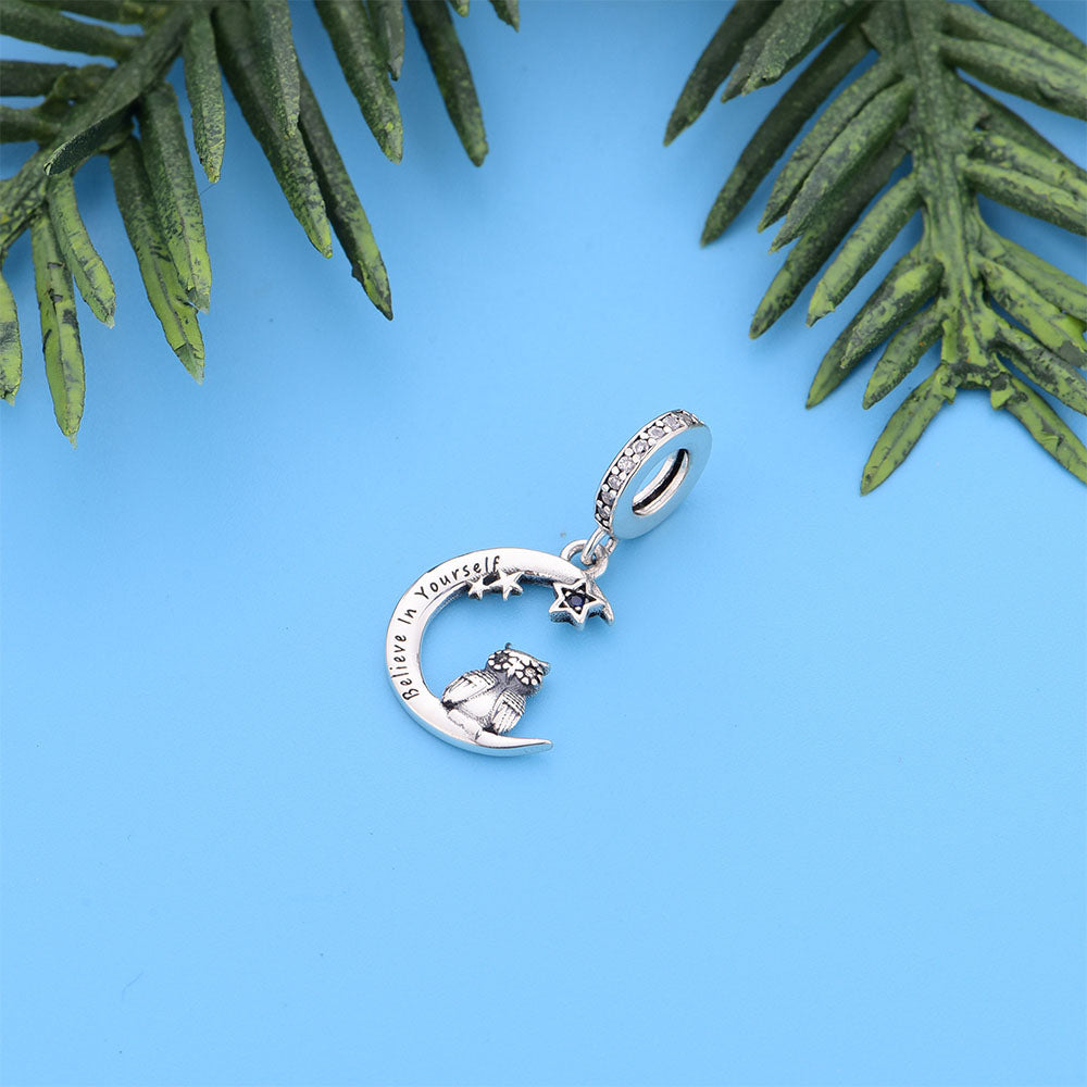 "Star Gazer" Owl & Moon Charm - 925 Silver "Believe" Pendant