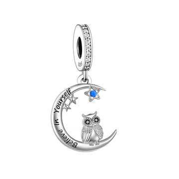 "Star Gazer" Owl & Moon Charm - 925 Silver "Believe" Pendant
