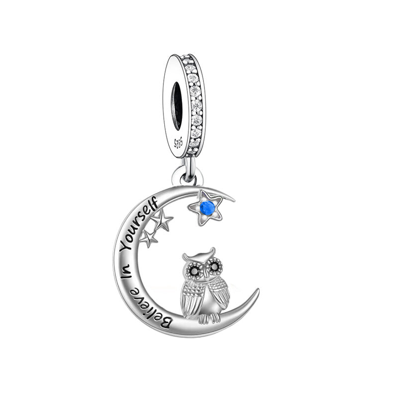 Owl moon believe in yourself charm in 925 sterling silver with blue star