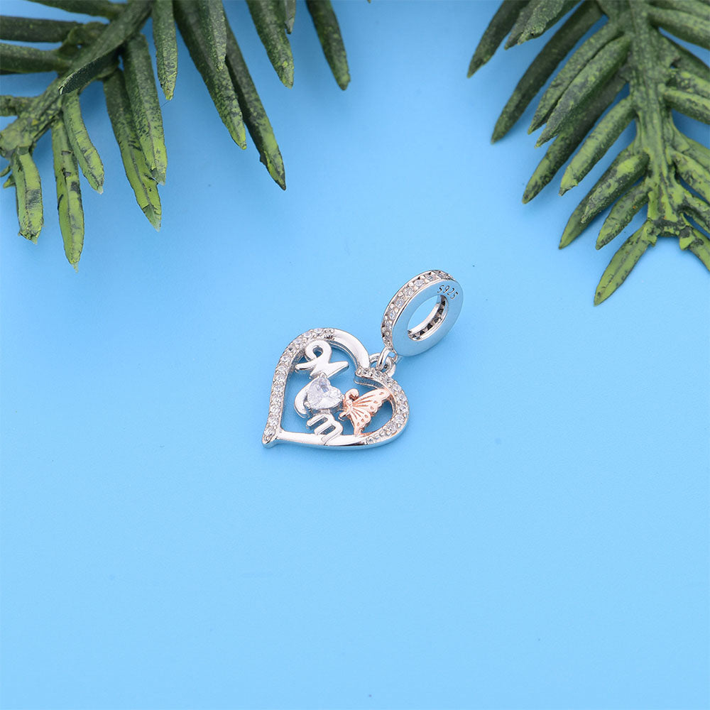 "Butterfly Kiss" Mom Heart Charm - 925 Sterling Silver & Rose Gold