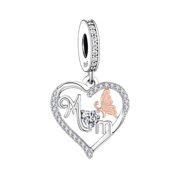 "Butterfly Kiss" Mom Heart Charm - 925 Sterling Silver & Rose Gold