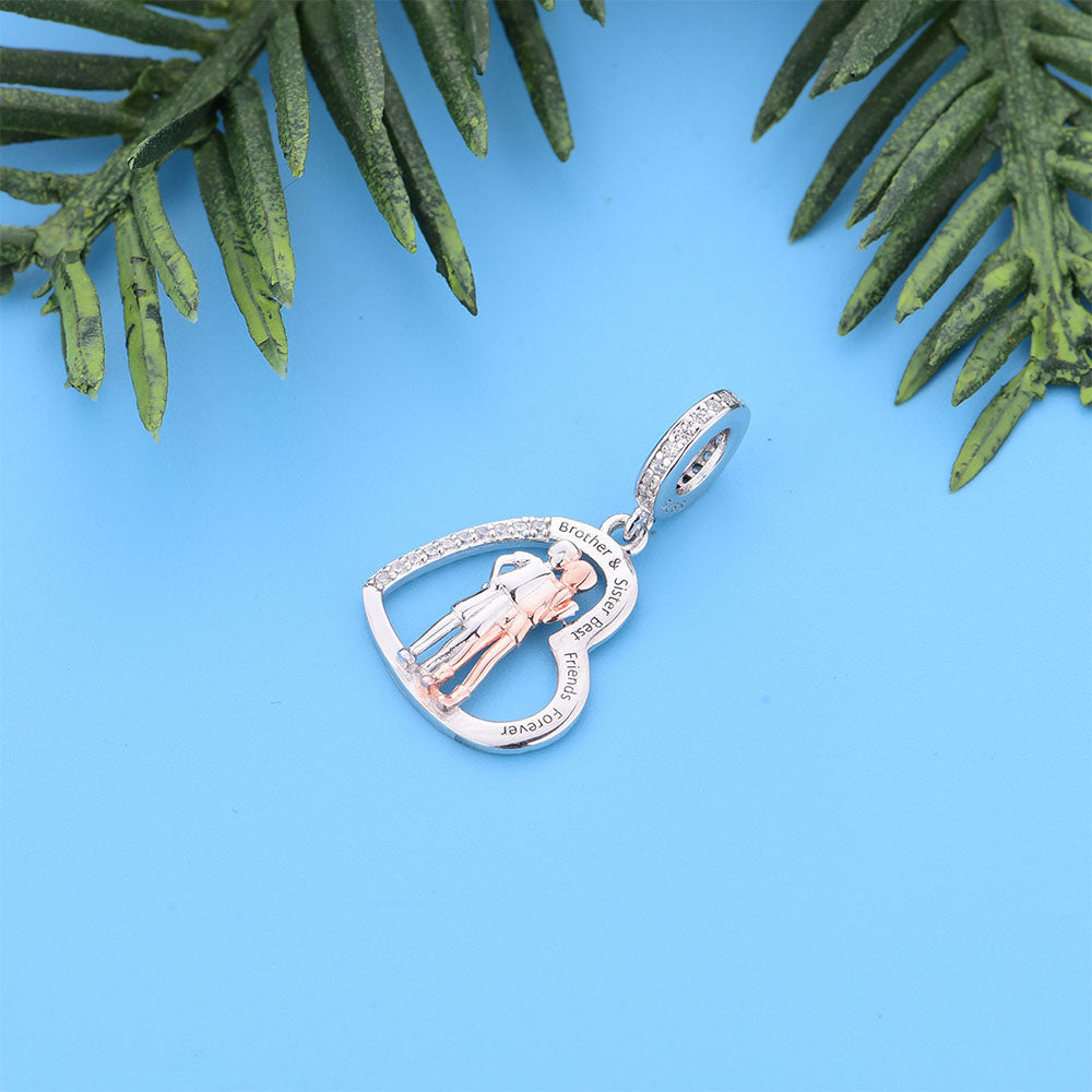 "First Friend, Forever Guard" Sibling Heart Dangle Charm - 925 Silver