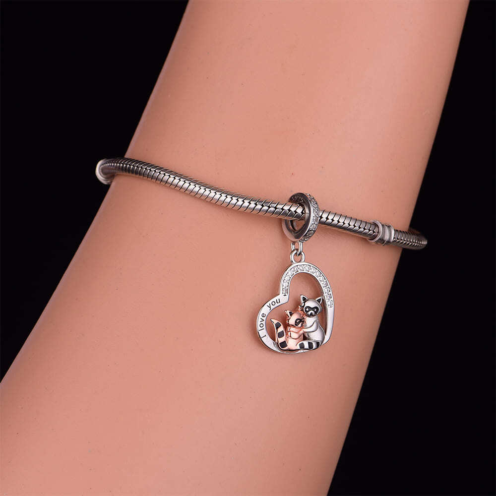 "Warm Embrace" Raccoon Heart Charm - Two-Tone 925 Sterling Silver