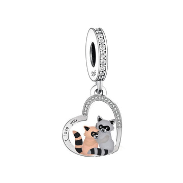 "Warm Embrace" Raccoon Heart Charm - Two-Tone 925 Sterling Silver