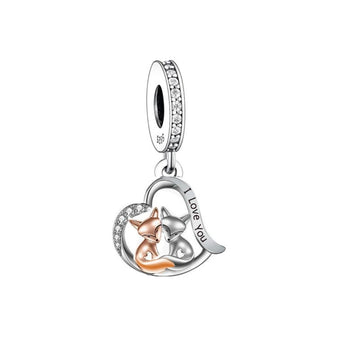 "Soul Connection" Foxes Heart Charm - Two-Tone 925 Sterling Silver