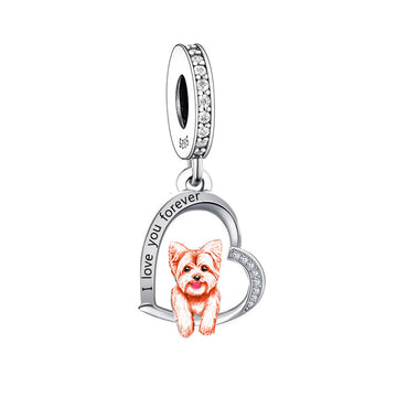 "Devoted Bond" - 925 Sterling Silver Yorkie Dog Heart Dangle Charm