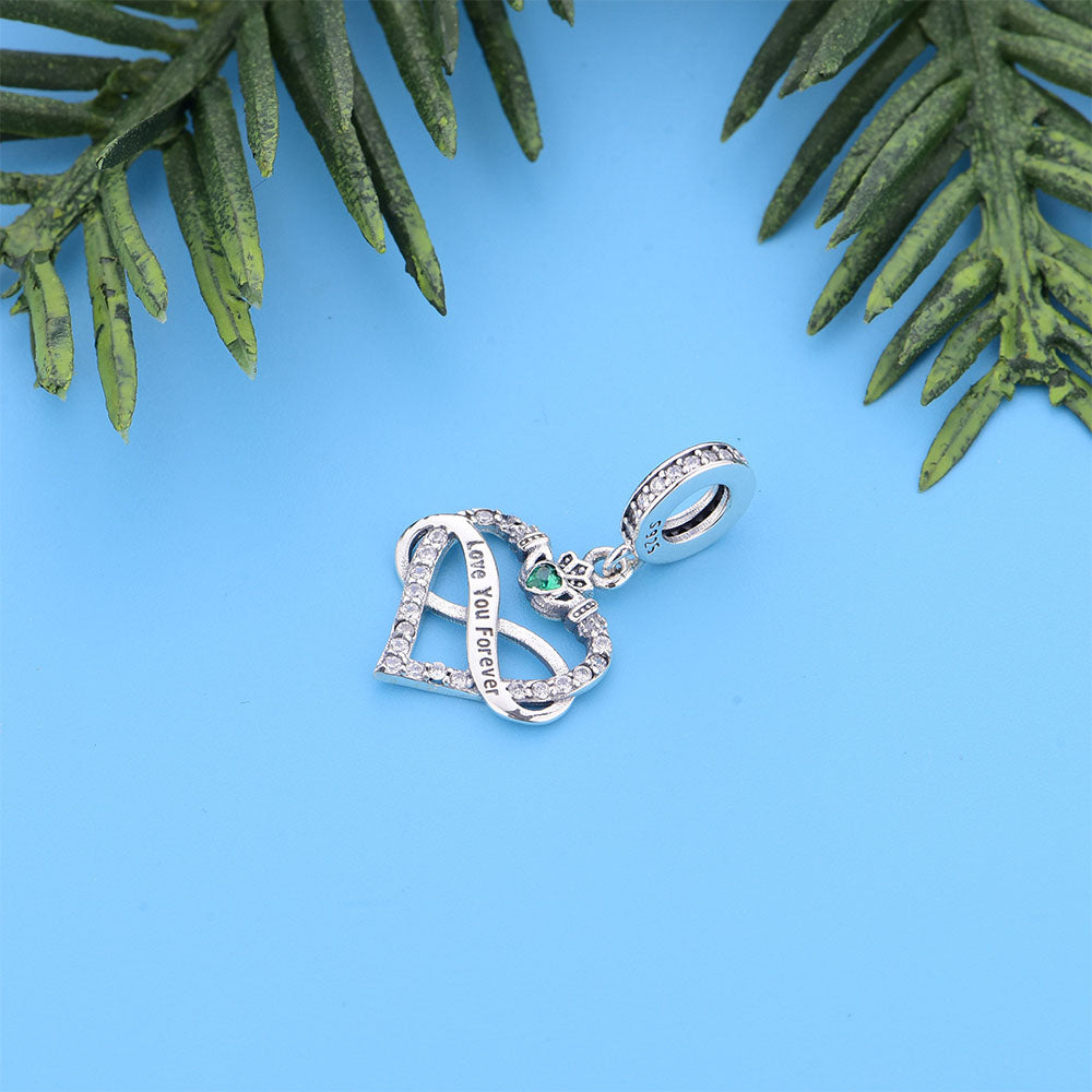 "Eternal Guardian" Claddagh Infinity Dangle Charm - Green CZ & 925 Silver