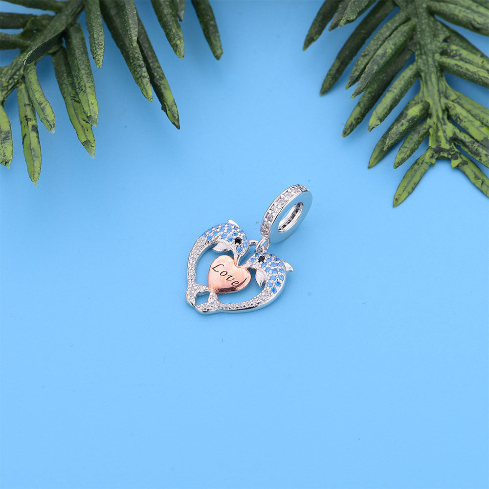 "Oceanic Soulmates" Dolphin Heart Dangle Charm - 925 Silver & Rose Gold
