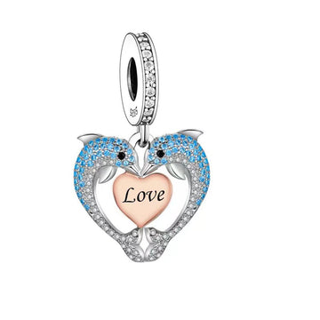 "Oceanic Soulmates" Dolphin Heart Dangle Charm - 925 Silver & Rose Gold