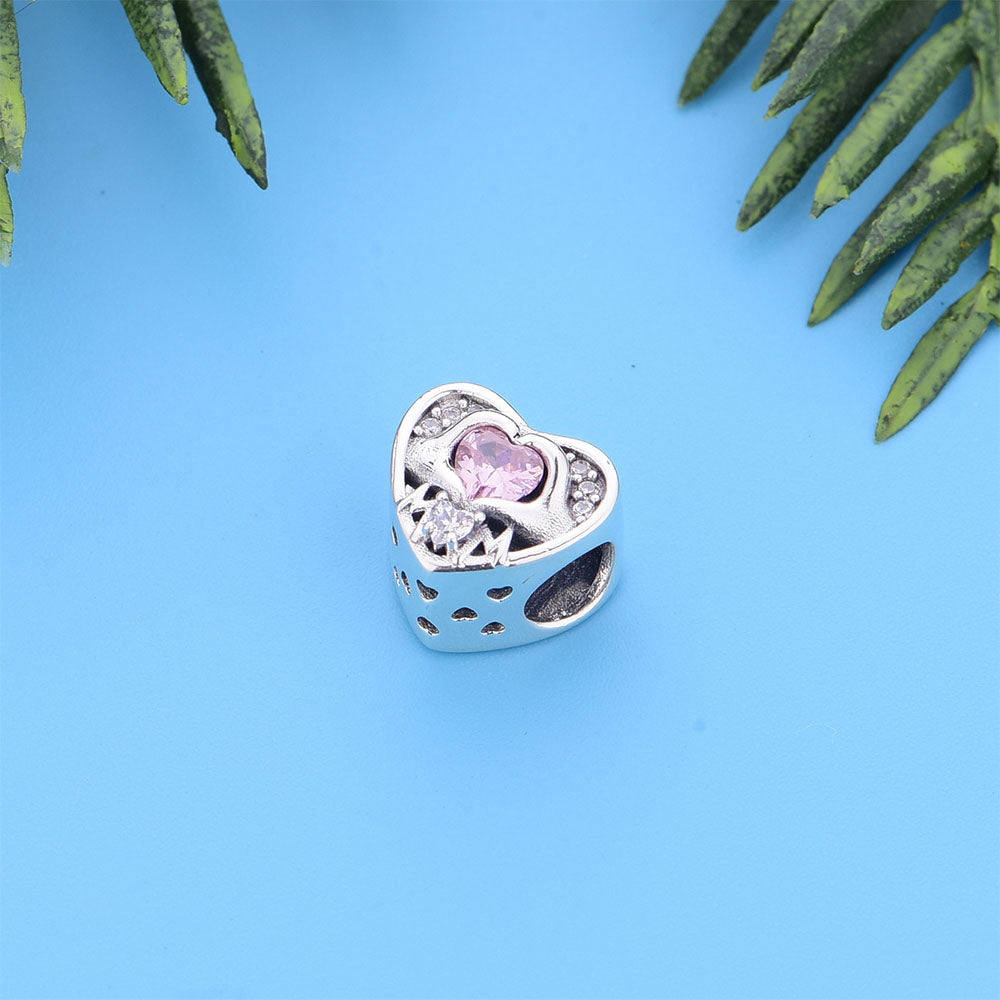 "Heart in Hands" MOM Charm - 925 Sterling Silver & Pink Zirconia