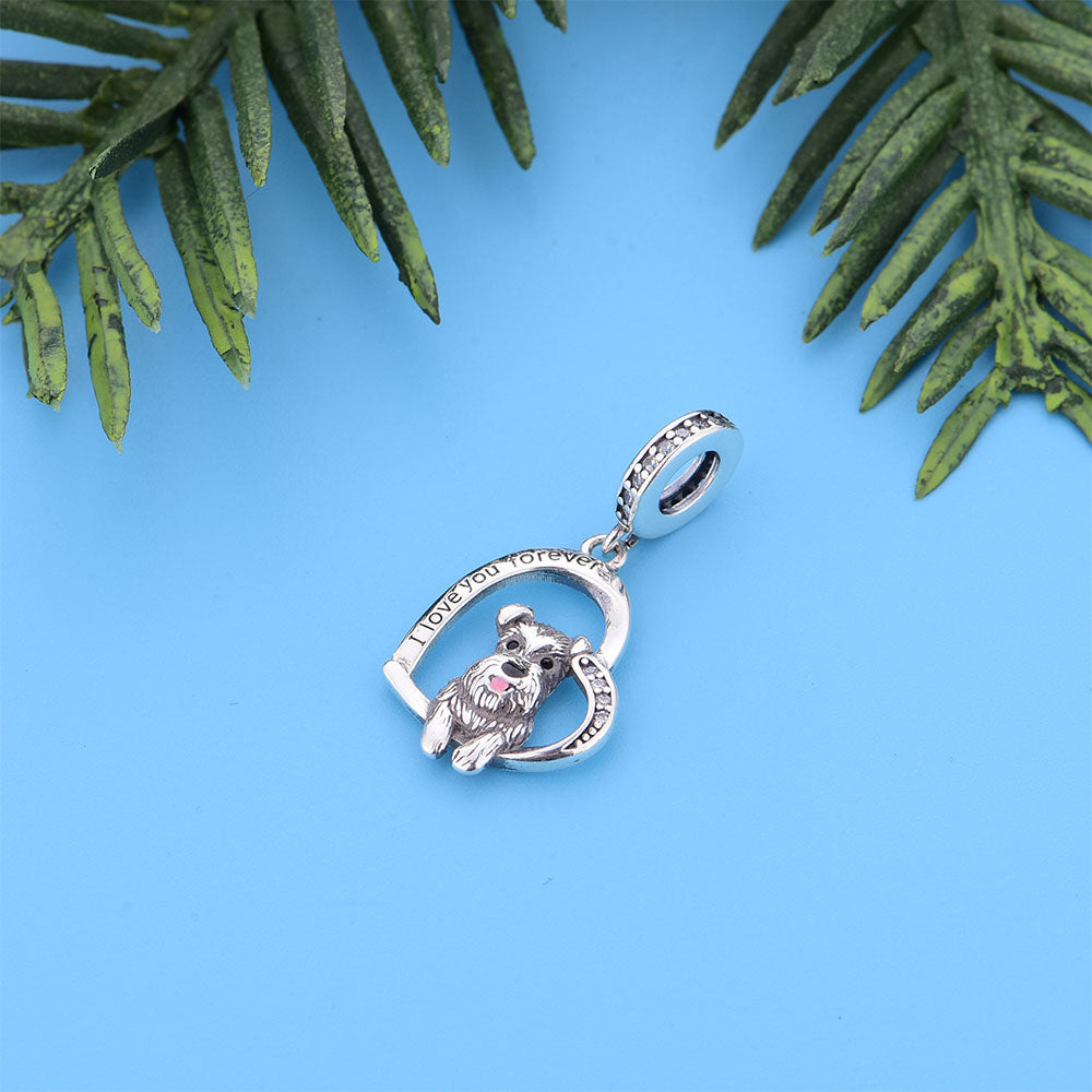 "Infinite Devotion" Schnauzer Dog Heart Dangle Charm - Authentic 925 Sterling Silver