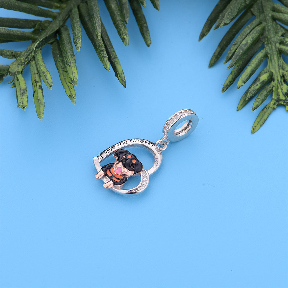 "Guardian’s Heart" Rottweiler Dog Dangle Charm - 925 Sterling Silver in Rose Gold & Black Enamel
