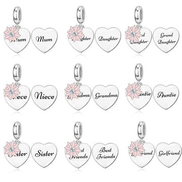 "Blooming Bonds" Pink Daisy Double Heart Charm - 925 Sterling Silver