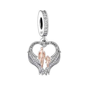 "The Forever Stride" Father & Daughter Angel Wing Heart Dangle-Two-Tone 925 Silver