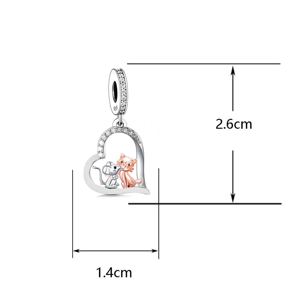 "Unexpected Love" Cat & Mouse Heart Dangle Charm - Two-Tone 925 Sterling Silver