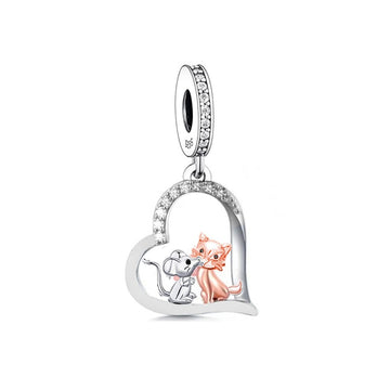 "Unexpected Love" Cat & Mouse Heart Dangle Charm - Two-Tone 925 Sterling Silver