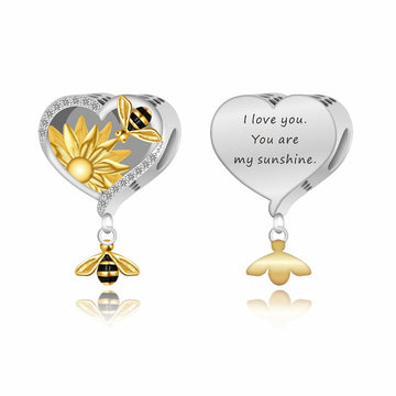 "Golden Sunshine" Bee & Sunflower Heart Beads - Two-Tone 925 Sterling Silver