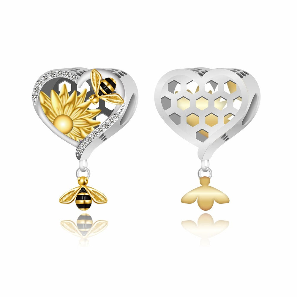 "Golden Sunshine" Bee & Sunflower Heart Beads - Two-Tone 925 Sterling Silver